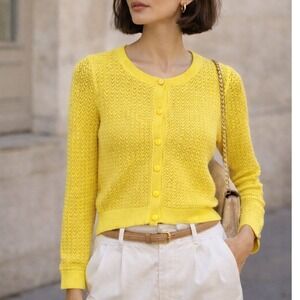 Bonpoint Womens XS NWT Cardigan‎ Sweater Canary Yellow Pointelle Crochet Luxury
